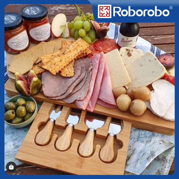 Roborobo Bamboo Cheese Board With Stainless Steel Cutlery Set Wooden ...
