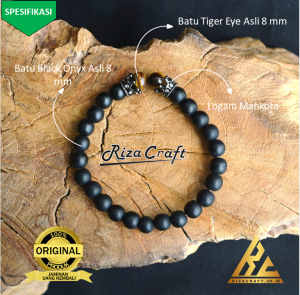 Gelang Batu Akik Alam Black Onyx Hitam Doff Kombinasi Tiger Eyes Mahkota Natural Unik Keren untuk Pria Wanita Cowok Cewek