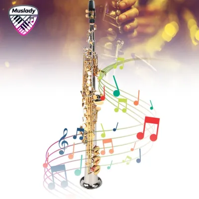 Muslady Professional ทองเหลือง Soprano ตรงแซ็กโซโฟน Silver Plated Tube Gold Key Sax พร้อมกระเป๋าถือ