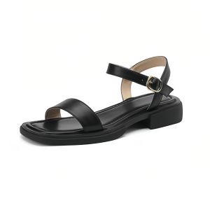 [YOKO] 3CM Rubber Women Casual Plain Buckle Strap Sandals Non Slip Square Toe Flat Sandals