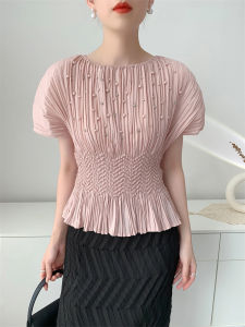 S-545 #   One Size (45-75kg) Miyake Style Summer Pleated Top for Women Comfortable Casual Beaded Embroidered Slim Fit T-Shirt Round Neck Short Sleeve