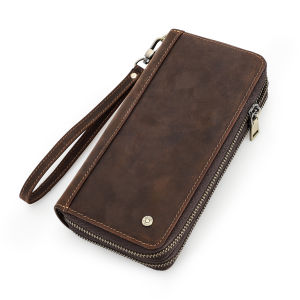 CONTACTS Genuine Leather Vintage Men Wallet Clutch Zipper Card Holder Male Purses Cover Long Wallets With Hand Strap Designer