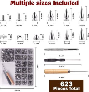 623 Pcs Punk Studs and Spikes Kit - Spikes for Clothes with 8 Sizes of Tapered Square & Round Craft Leather Goods Shoes Accessories Dog Collars DIY Decoration