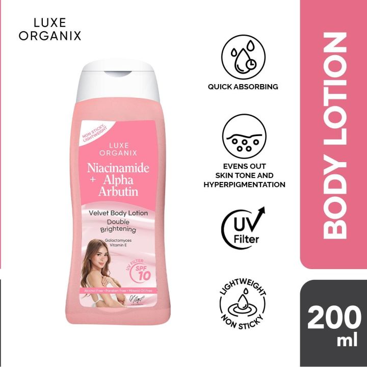 LUXE ORGANIX NIACINAMIDE + ALPHA ARBUTIN VELVET BODY LOTION SPF 10 200ML