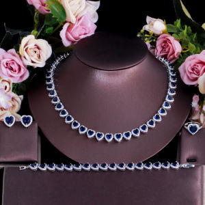 SEQUITO Exquisite Heart Cubic Zirconia Emerald Green Engagement Necklace Earrings Bracelet Ring Wedding Jewelry Set for Women Brides SJ231