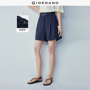 Giordano Beau Monde Women Belted elastic waist pleated shorts Free Shipping 13406341