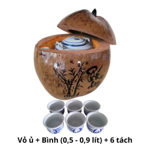 Bộ bình ủ trà trái dừa khắc chữ "Phú quý" / Bình trà 04 - 09 lít / Giữ ấm 3 - 6 giờ / Sản phẩm sản xuất thủ công trứ danh xứ dừa Bến Tre