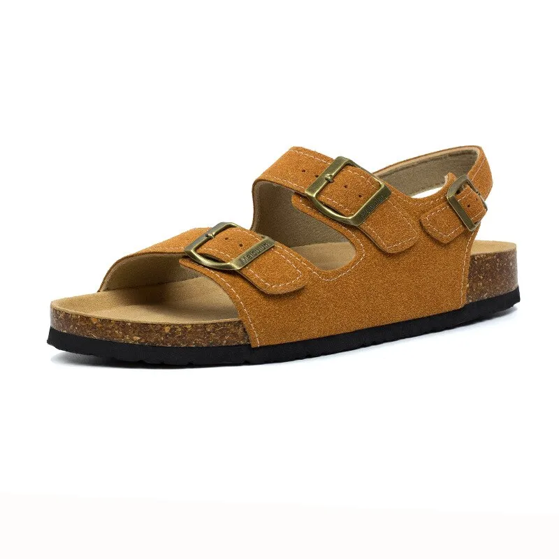 Belt Buckle Cork Sandals Women Suede Leather Shoes Man Clogs