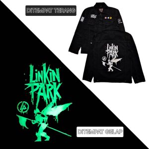 Jaket Denim Pria Hitam Linkin Park Sablon Luminous & Bordir Vintage