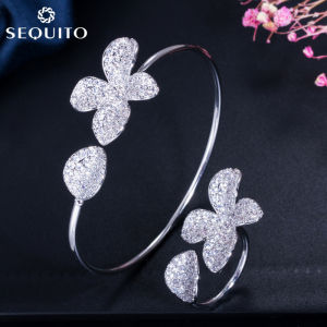 SEQUITO Giảm Giá Hấp Dẫn Bộ Nhẫn Vòng Tay Hở Thiết Kế Hình Hoa Lá Hợp Thời Trang Điều Chỉnh Được Bộ Trang Sức Tinh Tế Cho Nữ Đá CZ Siêu Nhỏ Phụ Kiện Đầm SJ068