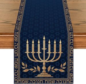 Artoid Mode Candle Menorah Hanukkah Table Runner Hexagram Chanukah Holiday Kitchen Dining Table Decoration for Home Party Decor 13x72 Inch
