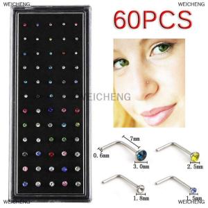 [COD] WEICHENG 60PCS L Style Rhinestone Nose Ring Bone Stud Steel Jewelry