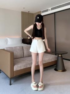 Ammin 2024 phong cách Hàn Quốc nút-xuống eo đơn giản quần đùi suông đơn màu mùa hè của phụ nữ A-line Slim-quần ống đứng với hip bọc