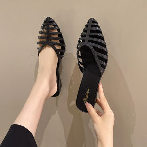 รองเท้าแตะ สวมใส่นอกบ้าน ส้นหนาต่ํามีปลายแหลม รองเท้าแตะผู้หญิง มีสไตล์และสง่างาม สะดวกสบาย