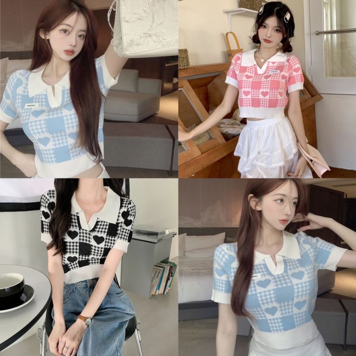 🍉 เสื้อครอปไหมพรม คอปก แขนสั้น ดีเทลลายหัวใจทั้งตัว น่ารักมาก สินค้า ...