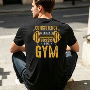 [Local Stock] HBESTY  Consistency Is The Key To Success In The Gym Summer Men Cotton T-shirt Dumbbell Retro Letter Print Trendy Fitness Short Sleeve