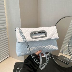 LANGJ สีทึบทึบ กระเป๋าถือพับได้ สไตล์เกาหลีแบบ ลายตาราง กระเป๋าคลัทช์ตอนเย็น หรูหราเบาๆ ถุงใต้วงแขน กระเป๋าสะพายข้างสายโซ่ สำหรับผู้หญิง