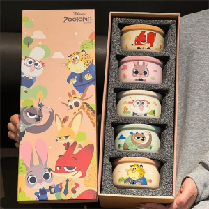 PRETTY MJ Disney Zootropolis Cartoon Ceramic Bowls with Handle Hand-painted Tableware Set Gift Box Stitch Cute Rice Noodle Bowls Steamed Buns Rice
