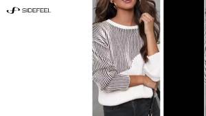Sidefeel  Women Long Sleeve Round Neck Color Block Pullover Sweater Casual Striped loose Knitted Tops fashion Autumn Clothing