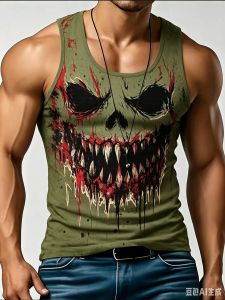 Mens Skull Graphic Tank Top Blood Splash Print Sleeveless Shirt Casual Streetwear Summer Thin Street Cool Tops