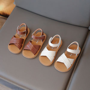 Girls Sandals Cross-tied Strape Summer New Beige Girls Shoes Brown Soft Bottom Anti-slip Casual Children Baby Beach Shoes I05256