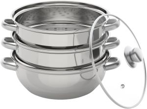 3-Tier Stainless Steel Steamer Pot Large Capacity Food Steamer for Stove Multi-Layer Stackable Cooking Steam Pot Kitchen Cookware with Glass Lid for Induction/Gas/Electric Stoves (12.8 Inch)