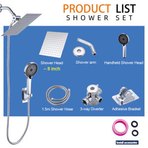 Baokemo 8" or 10" Square Rainfall Shower Head and 3-in-1 Handhled Shower Head Rainfall Showerhead with 3-way diverter