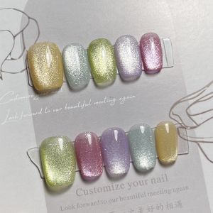 [HANDMADE]Artificial Nail Short Rainbow Cats Eye Phototpy Nails Fake Nails Reusable and Removable Nails