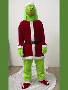 In-stock Christmas Grinch costume set including a green fur headpiece latex mask furry pants gloves and accessories