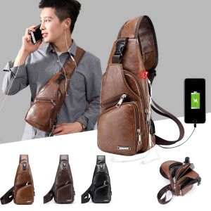 DM Retro Leather Crossbody Men Bag USB Bag Sling Bag Chest Bag Beg
