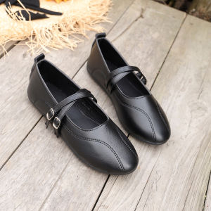 Free Shipping Plus-Size WomenS Shallow-Toe Leather Shoes 2026 Autumn New Collection Round-Toe Double-Strap Buckle Design Comfortable Flat Casual Shoes