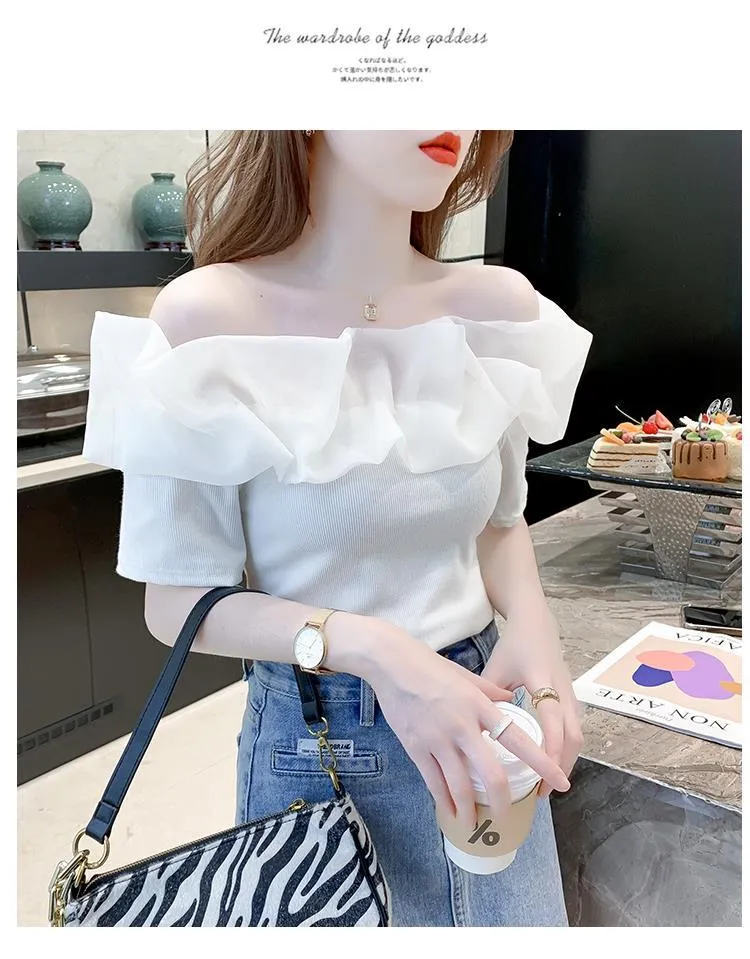 Chiffon Blouse Women Short Sleeve Korean Tops Summer Fashion Slim White Top  New