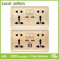 Universal Wall Socket With LED Light Switch 146 Type Dual 5 Holes Socket Gold PC Panel 13A 250V Universal Standard Power Wall Outlet Socket With USB Port 2.1A Dual USB Charger. 