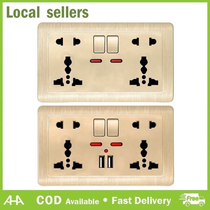 Universal Wall Socket With LED Light Switch 146 Type Dual 5 Holes Socket Gold PC Panel 13A 250V Universal Standard Power Wall Outlet Socket With USB Port 2.1A Dual USB Charger