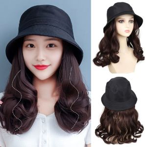 KINTHAZER Bucket Hat Fisherman Hat Wig Synthetic Hairpiece Short Straight Hair Hat Wigs Simple Long Curly Hair Summer Sunshade Cap Wig Women