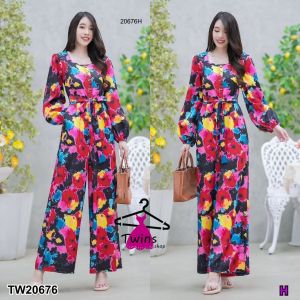 TW20676 Jumpsuit จั๊มสูทยาว อกแต่งกระดุม 3 เม็ด ลายดอกไม้