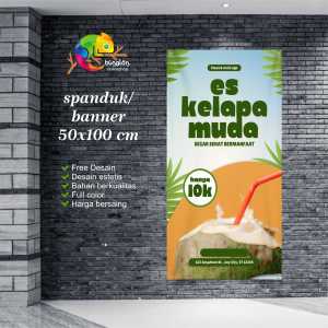 Cetak Spanduk Banner Hijau & Putih Minimalis Promosi Minuman Es Kelapa Muda