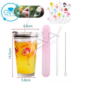 Ly Thuỷ Tinh 450 Ml In Hoạ Tiết Cute Kèm Ống Hút Có Nặp Đậy Silicone Hoạt Hình 3D Tặng Kèm Hộp Đựng Và Cọ Rửa SP4726