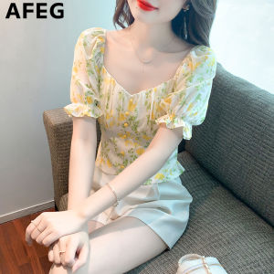 AFEG new Korean version square neck short fashion waist all-match floral chiffon puff sleeve blouse for women