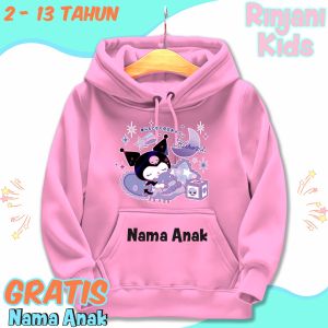 Hoodie Anak Perempuan Personalisasi Nama - Motif Karakter Kuromi Bahan Sintetis Warna Pastel Ukuran Int:2-13