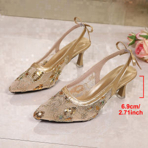 [Free Shipping] Pearl Chunky Heel Sandals For Women New Summer Style Mid-Heel Crystal Embellished Trendy High Heels