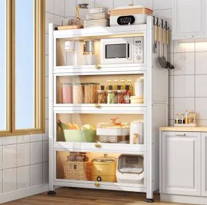 3/4/5 Layers Kitchen Rack Dustproof Storage Cabinet Carbon Steel Multi-function Rack Enclosed Rack Kitchen Storage Cabinets Microwave Stand Kitchen Shelves for Spices