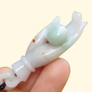 Light Green with Red patches Natural Type A Jadeite Jade crafted as Buddha Hand Pendant QIC labs approved certificate weighs 15.32 grams measurement 52.5 * 16 * 13.8 mm (pendant255)