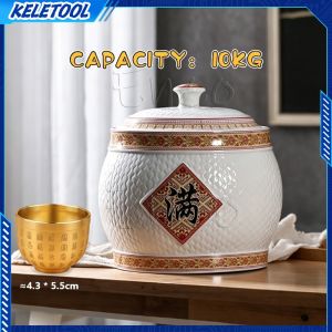 5kg/10kg Ceramic Rice Cylinder Household Rice Barrel with Lid Sealed Jar Storage Jar Moisture-Proof
