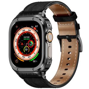 For apple watch Ultra 8 7 6 SE strap Mod Kit Metal Case+Genuine Leather Strap For apple wacth band 49mm 44mm 45mm Luxury Modification Kit smart watch band + case
