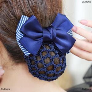 [COD] ZNPNXN Nurse Stewardess Hair Accessories Bowknot Stripe Net Bun Hair Cover Women Barrette Net Bun Crochet Net Bun Snood