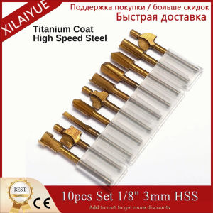 10pcs Set 1/8" 3mm HSS Titanium Router Bits Wood Cutter Milling Fits Rotary Tool Engraving Machine  Sharpening Slot.