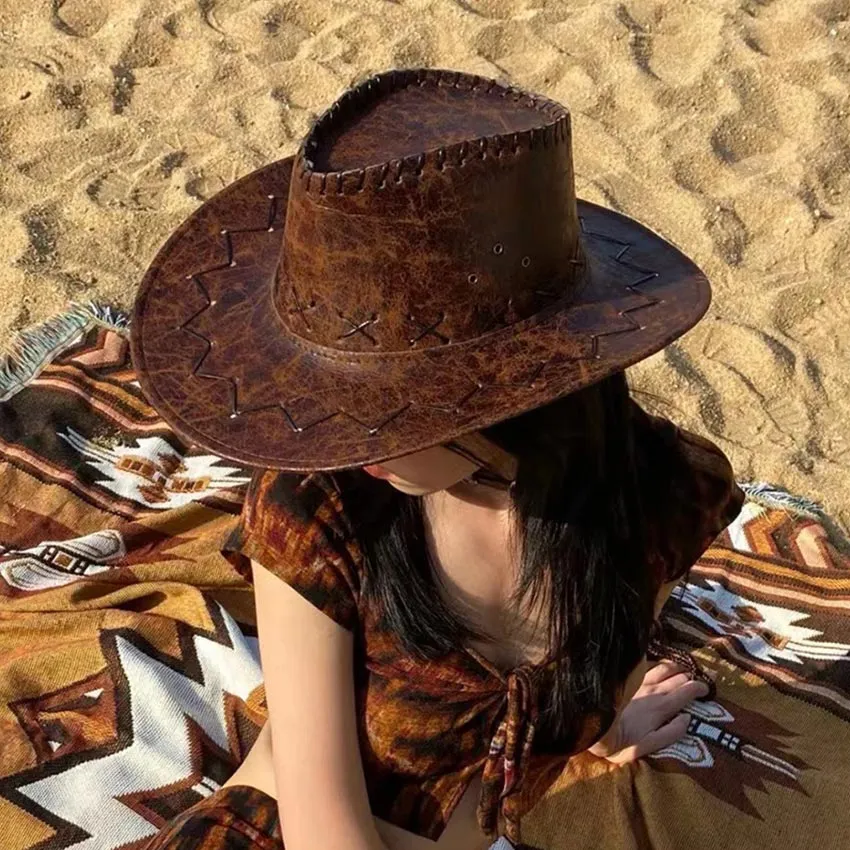 WESTERN COWBOY HAT BIG BRIM HAT American Style Western Cowboy Hat Women's  Summer Sun Hat Men's