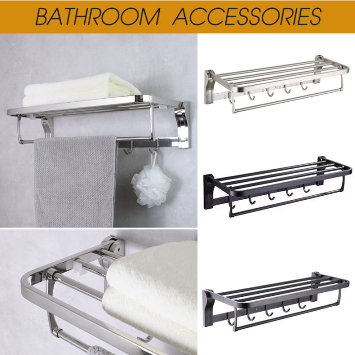 Wall Mounted Foldable Towel Rack with Hooks Stainless Steel Push Pull