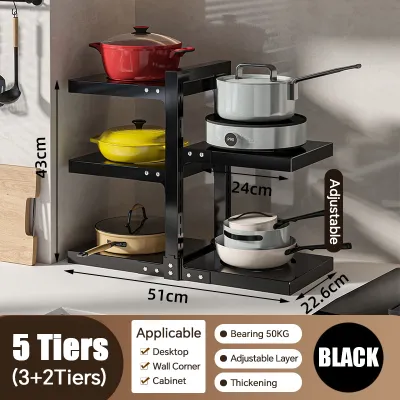 FREEGIFT Kitchen Pot Rack 2/3/4 Tiers Draining Pans Organizer Adjustable Stand Storage Rack Floor Cabinet Inner Pot Dish Racks Rack Dapur